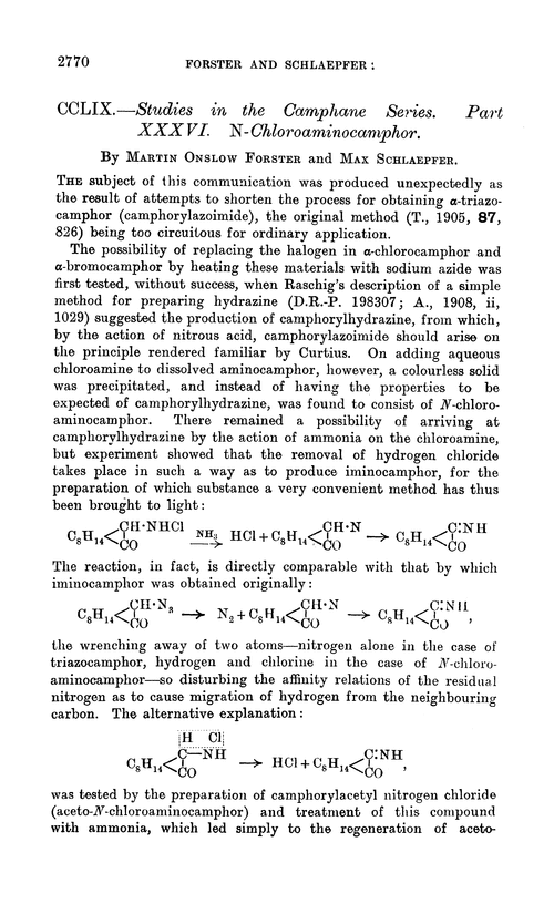 CCLIX.—Studies in the camphane series. Part XXXVI. N-chloroaminocamphor