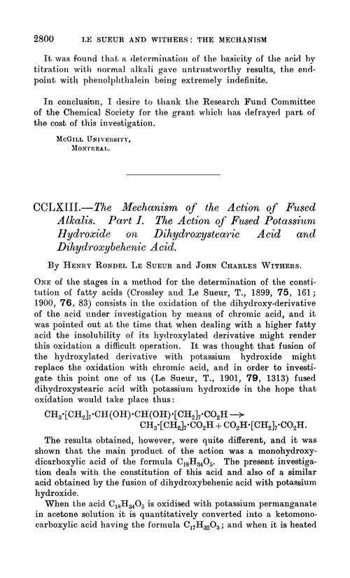 CCLXIII.—The mechanism of the action of fused alkalis. Part I. The action of fused potassium hydroxide on dihydroxystearic acid and dihydroxybehenic acid