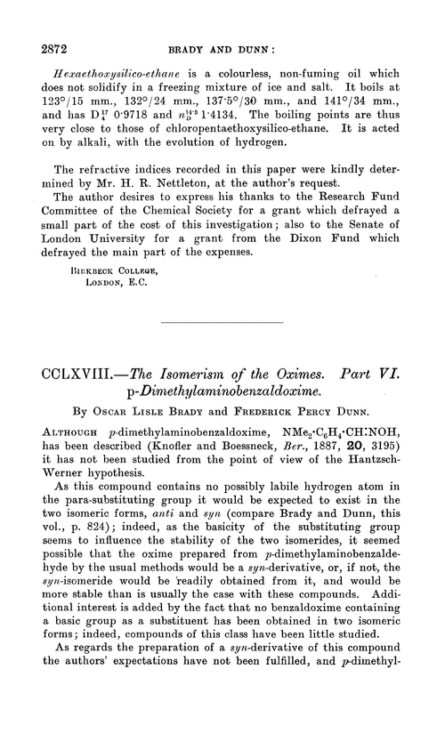 CCLXVIII.—The isomerism of the oximes. Part VI. p-Dimethylaminobenzaldoxime
