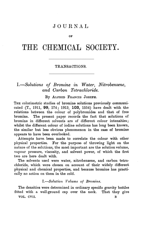 I.—Solutions of bromine in water, nitrobenzene, and carbon tetrachloride