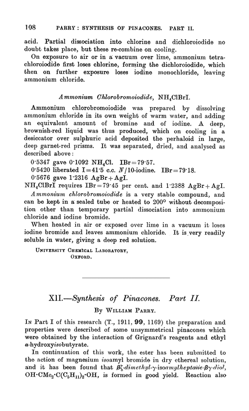 XII.—Synthesis of pinacones. Part II