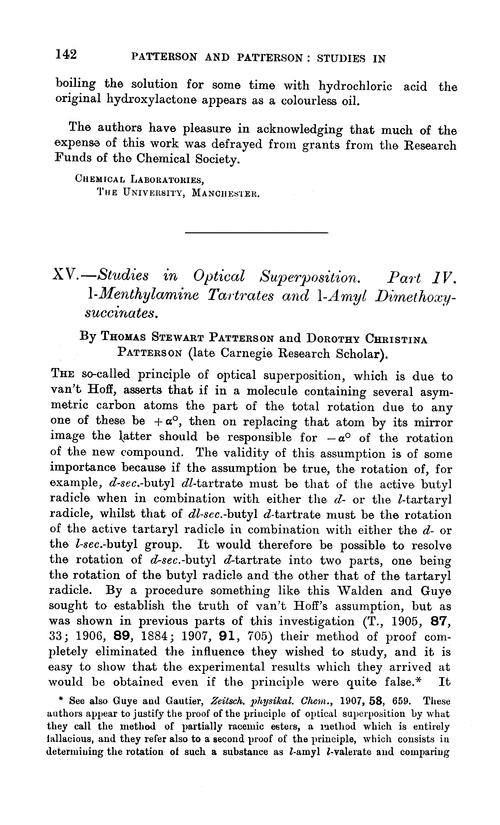 XV.—Studies in optical superposition. Part IV. l-Menthylamine tartrates and l-amyl dimethoxysuccinates