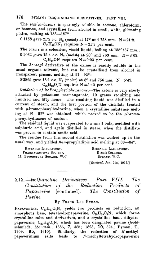 XIX.—isoQuinoline derivatives. Part VIII. The constitution of the reduction products of papaverine (continued). The constitution of pavine