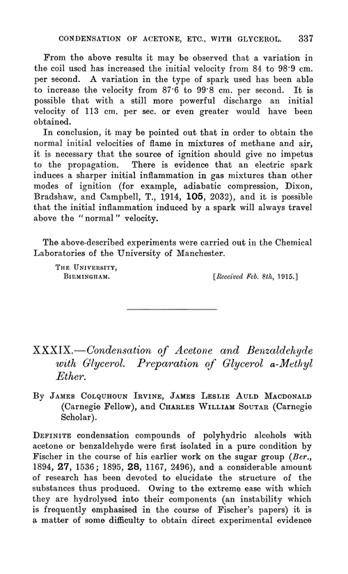 XXXIX.—Condensation of acetone and benzaldehyde with glycerol. Preparation of glycerol α-methyl ether