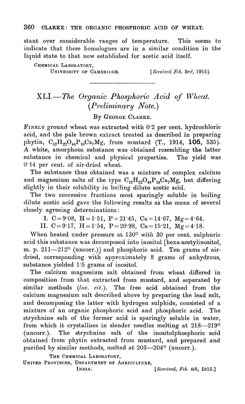 XLI.—The organic phosphoric acid of wheat. (Preliminary note)