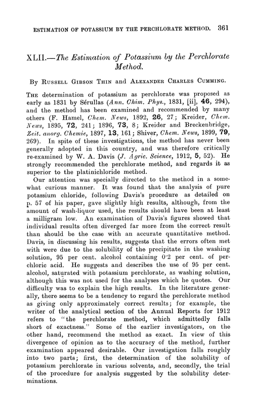 XLII.—The estimation of potassium by the perchlorate method