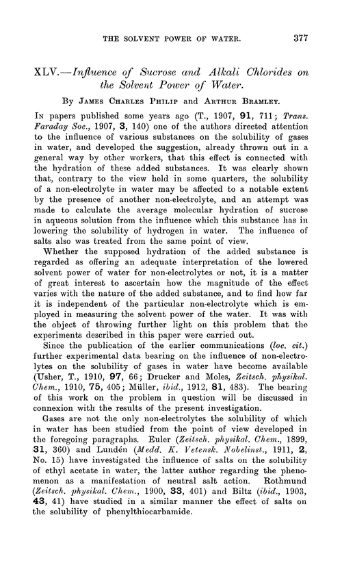 XLV.—Influence of sucrose and alkali chlorides on the solvent power of water