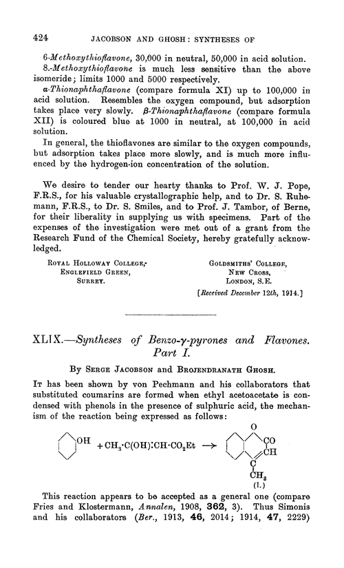 XLIX.—Syntheses of benzo-γ-pyrones and flavones. Part I