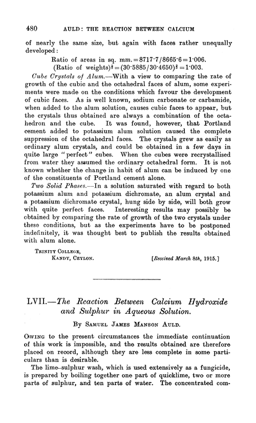 LVII.—The reaction between calcium hydroxide and sulphur in aqueous solution