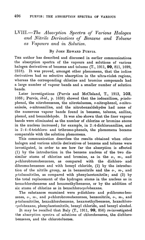 LVIII.—The absorption spectra of various halogen and nitrile derivatives of benzene and toluene as vapours and in solution