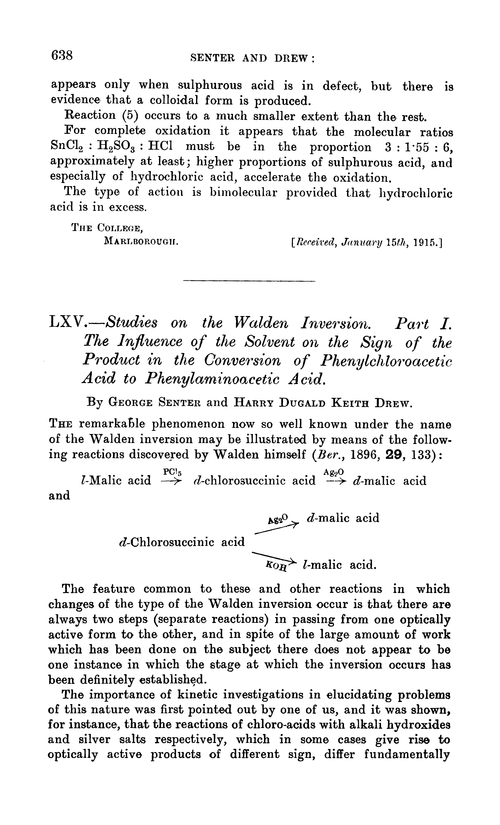 LXV.—Studies on the walden inversion. Part I. The influence of the solvent on the sign of the product in the conversion of phenylchloroacetic acid to phenylaminoacetic acid