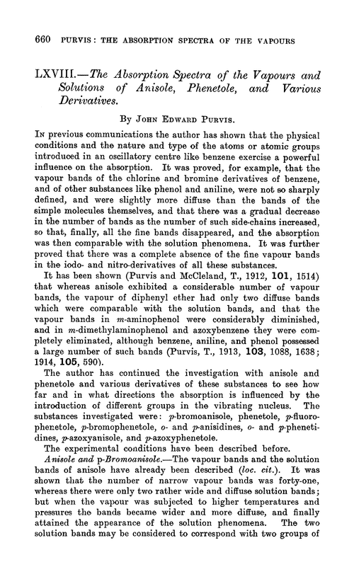 LXVIII.—The absorption spectra of the vapours and solutions of anisole, phenetole, and various derivatives