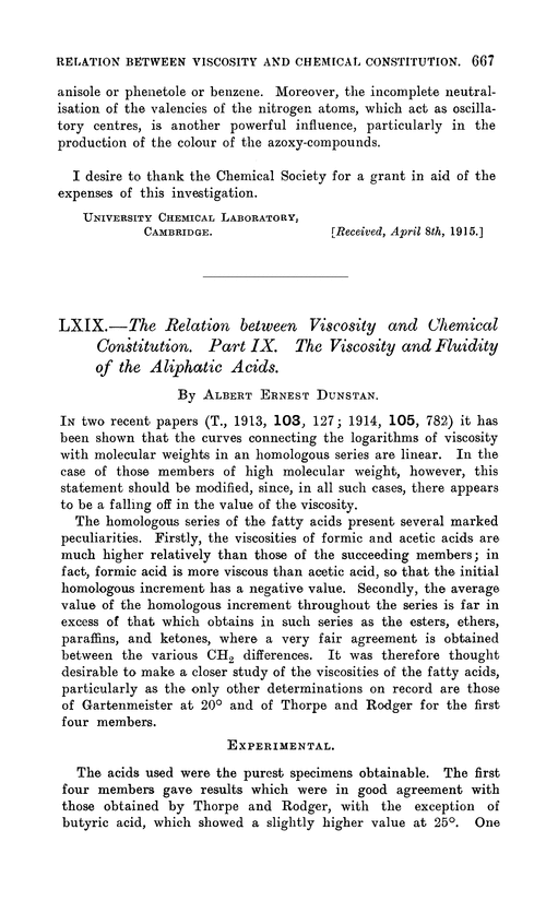 LXIX.—The relation between viscosity and chemical constitution. Part IX. The viscosity and fluidity of the aliphatic acids