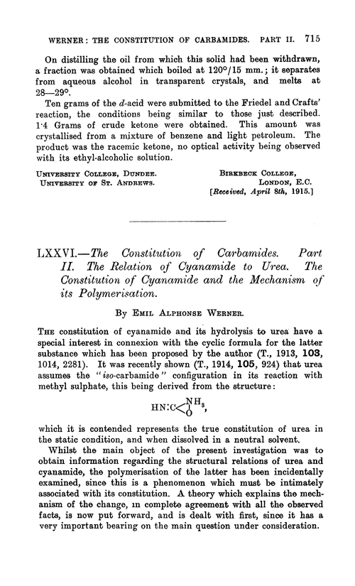 LXXVI.—The constitution of carbamides. Part II. The relation of cyanamide to urea. The constitution of cyanamide and the mechanism of its polymerisation