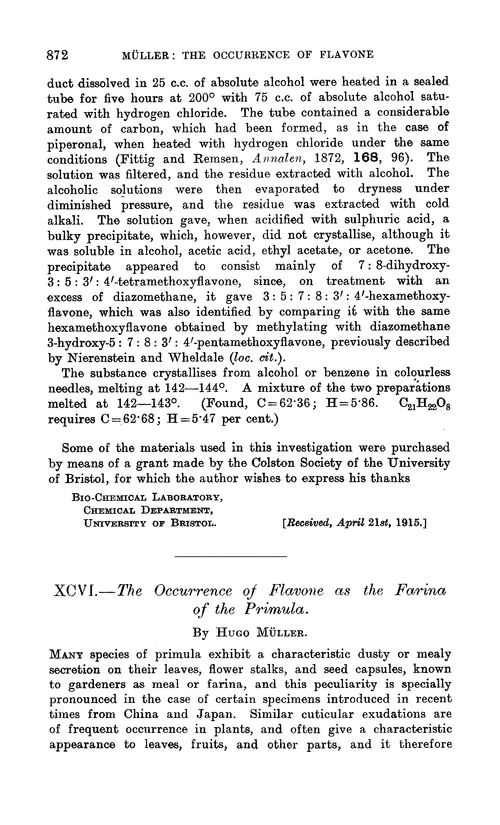 XCVI.—The occurrence of flavone as the farina of the primula