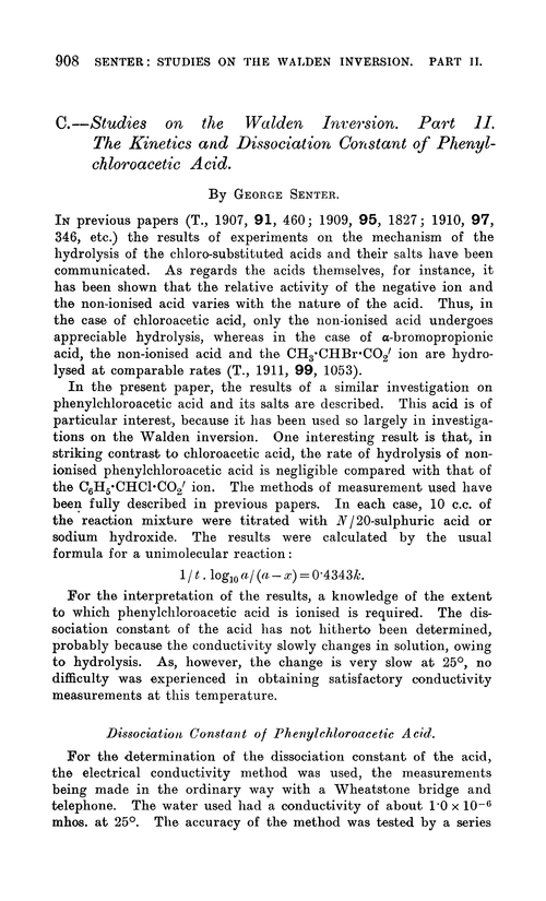 C.—Studies on the walden inversion. Part II. The kinetics and dissociation constant of phenylchloroacetic acid