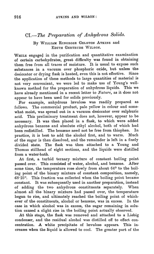 CI.—The preparation of anhydrous solids