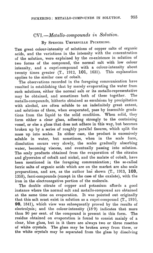 CVI.—Metallo-compounds in solution
