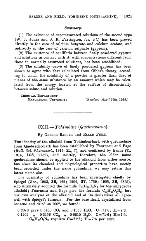 CXII.—Yohimbine (quebrachine)