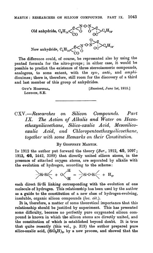 CXV.—Researches on silicon compounds. Part IX. The action of alkalis and water on hexaethoxysilicoethane, silico-oxalic acid, mesosilicooxalic acid, and chloropentaethoxysilicoethane, together with some remarks on their constitution