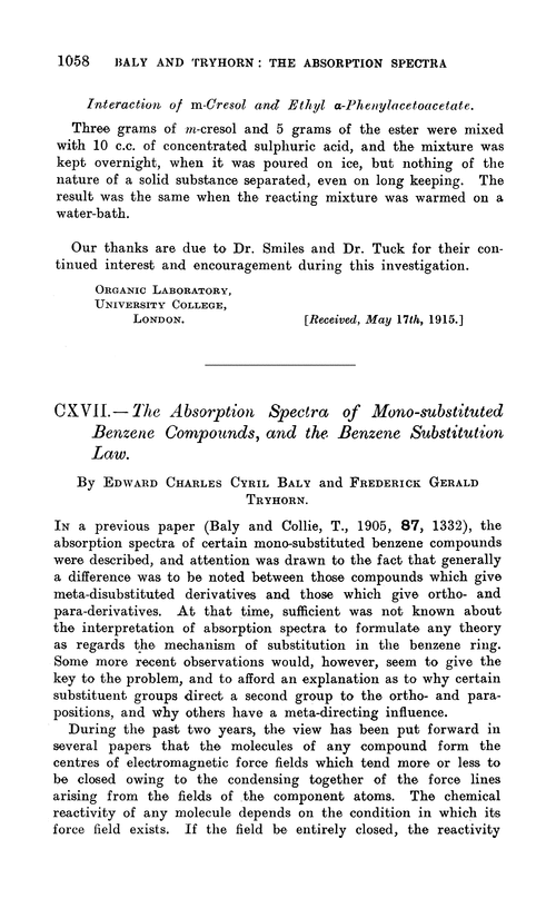 CXVII.—The absorption spectra of mono-substituted benzene compounds, and the benzene substitution law