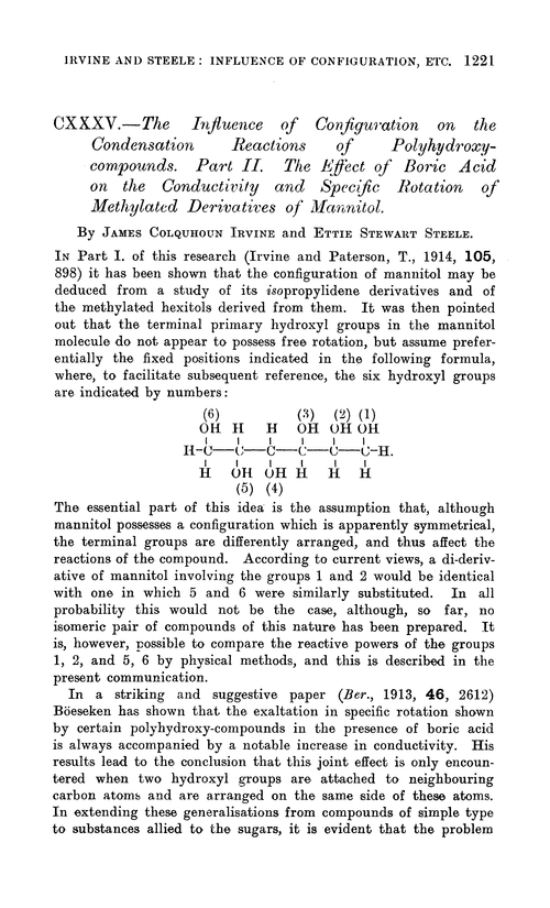 CXXXV.—The influence of configuration on the condensation reactions of polyhydroxy-compounds. Part II. The effect of boric acid on the conductivity and specific rotation of methylated derivatives of mannitol