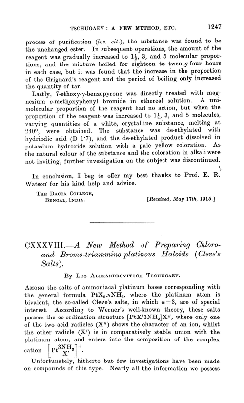CXXXVIII.—A new method of preparing chloro- and bromo-triammino-platinous haloids (Cleve's salts)