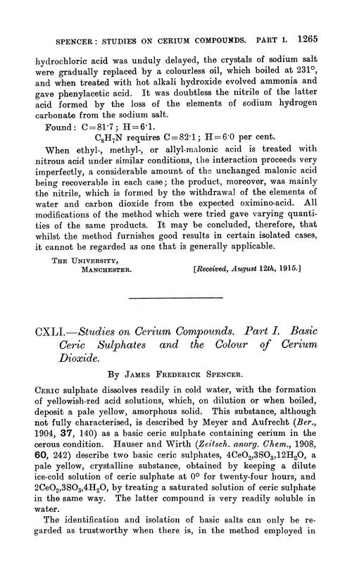 CXLI.—Studies on cerium compounds. Part I. Basic ceric sulphates and the colour of cerium dioxide