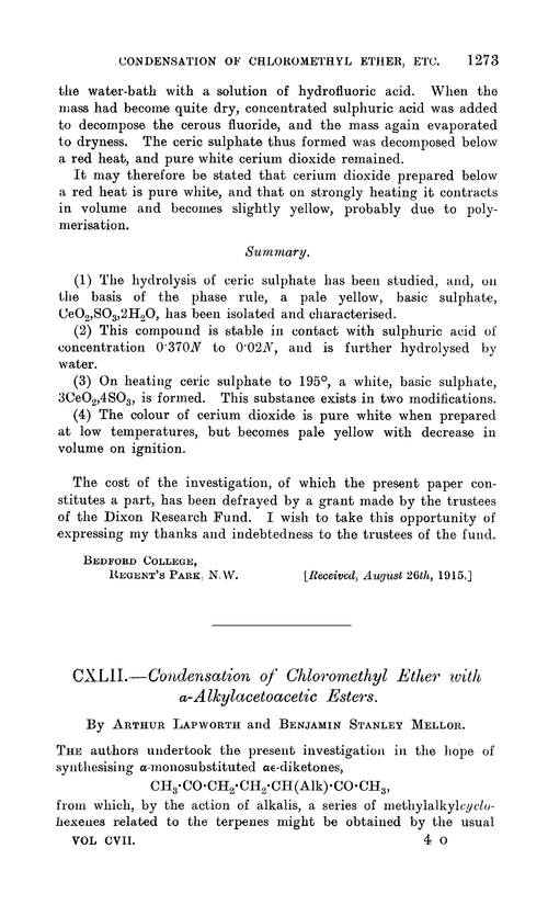 CXLII.—Condensation of chloromethyl ether with α-alkylacetoacetic esters