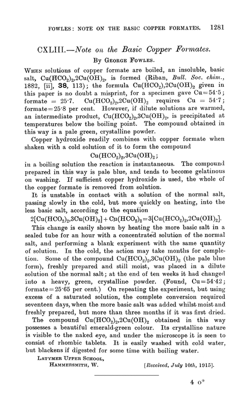 CXLIII.—Note on the basic copper formates