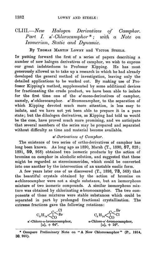 CLIII.—New halogen derivatives of camphor. Part I. α′-Chlorocamphor; with a note on isomerism, static and dynamic