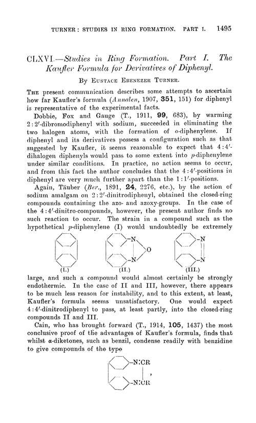 CLXVI.—Studies in ring formation. Part I. The Kaufler formula for derivatives of diphenyl