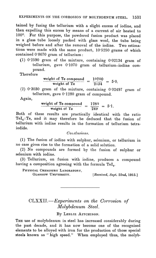 CLXXII.—Experiments on the corrosion of molybdenum steel