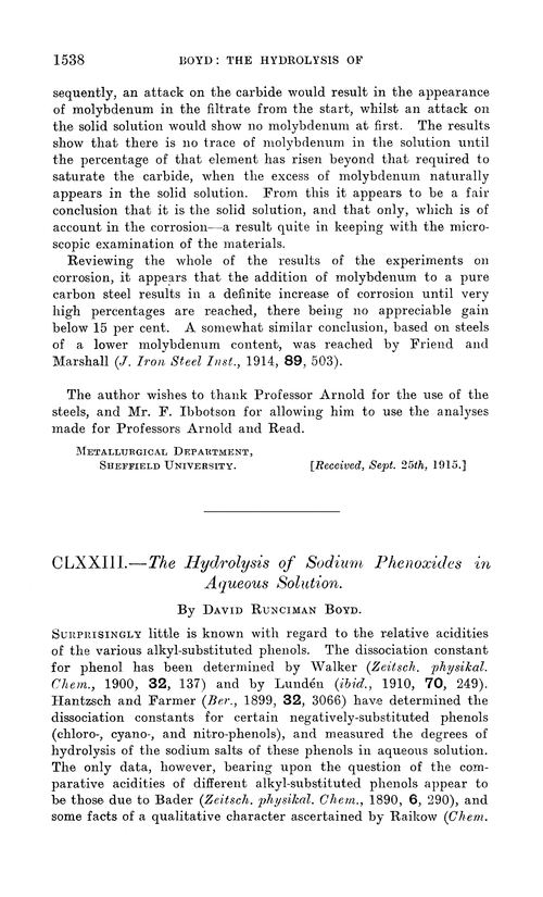 CLXXIII.—The hydrolysis of sodium phenoxides in aqueous solution