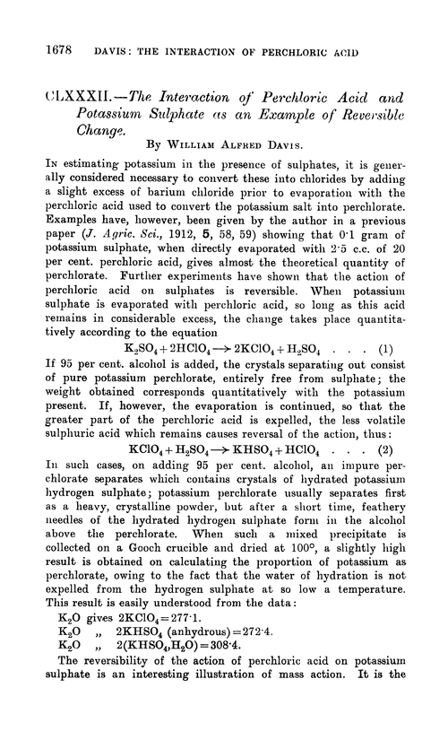 CLXXXII.—The interaction of perchloric acid and potassium sulphate as an example of reversible change