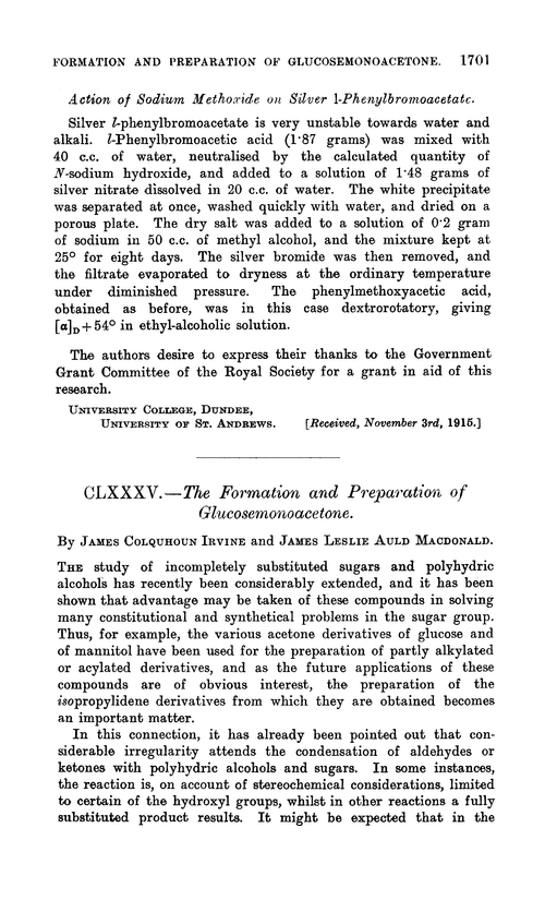 CLXXXV.—The formation and preparation of glucosemonoacetone