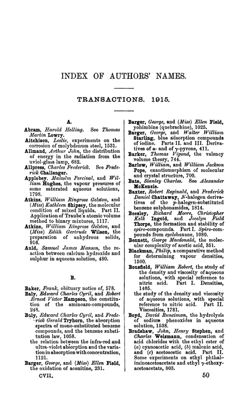Index of authors' names, 1915