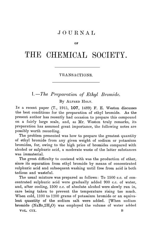 I.—The preparation of ethyl bromide