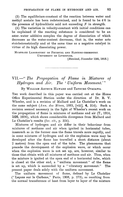 VII.—“The propagation of flame in mixtures of hydrogen and air. The ‘uniform movement.’”