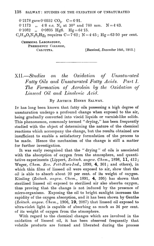 XII.—Studies on the oxidation of unsaturated fatty oils and unsaturated fatty acids. Part I. The formation of acrolein by the oxidation of linseed oil and linolenic acid