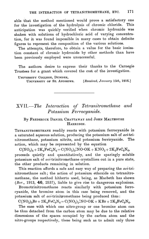 XVII.—The interaction of tetranitromethane and potassium ferrocyanide