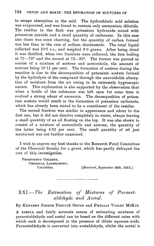 XXI.—The estimation of mixtures of paracetaldehyde and acetal