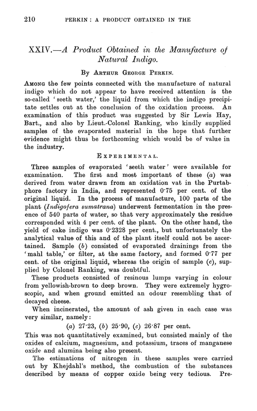 XXIV.—A product obtained in the manufacture of natural indigo
