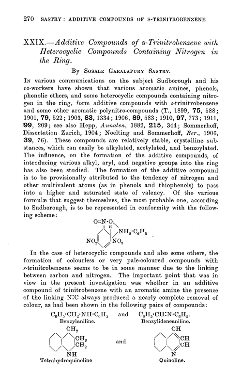 XXIX.—Additive compounds of s-trinitrobenzene with heterocyclic compounds containing nitrogen in the ring