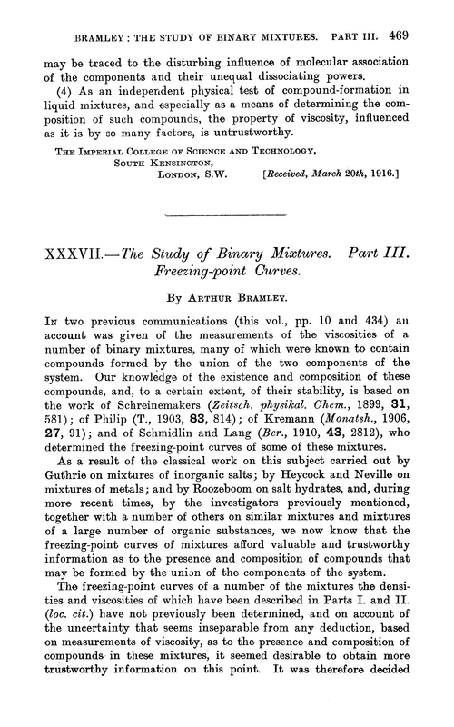 XXXVII.—The study of binary mixtures. Part III. Freezing-point curves