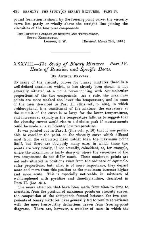 XXXVIII.—The study of binary mixtures. Part IV. Heats of reaction and specific heats