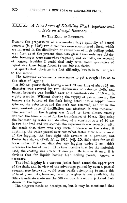 XXXIX.—A new form of distilling flask, together with a note on benzyl benzoate