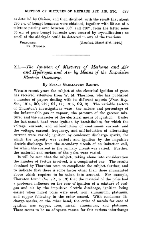 XL.—The ignition of mixtures of methane and air and hydrogen and air by means of the impulsive electric discharge