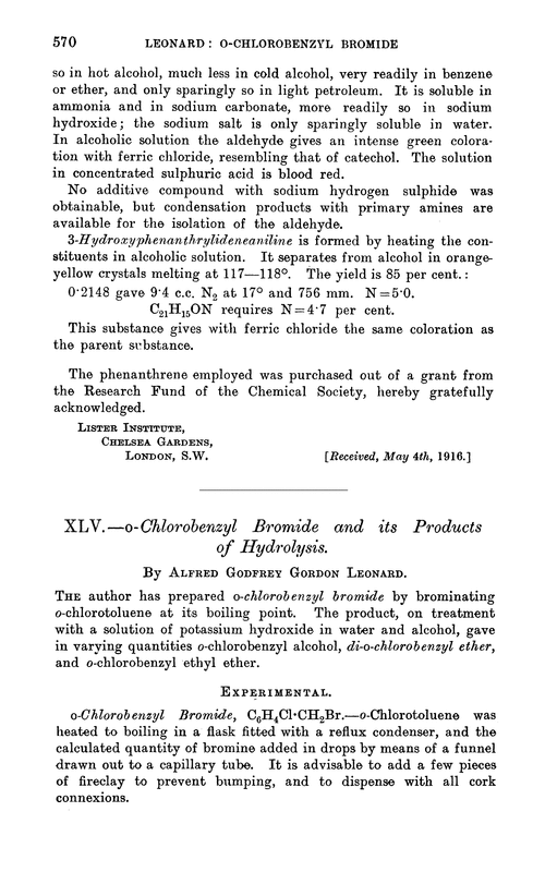 XLV.—o-Chlorobenzyl bromide and its products of hydrolysis