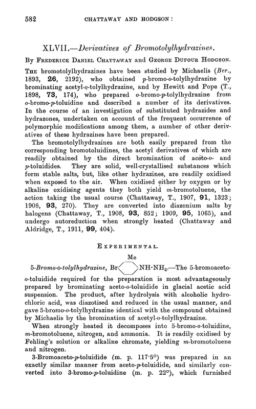 XLVII.—Derivatives of bromotolylhydrazines